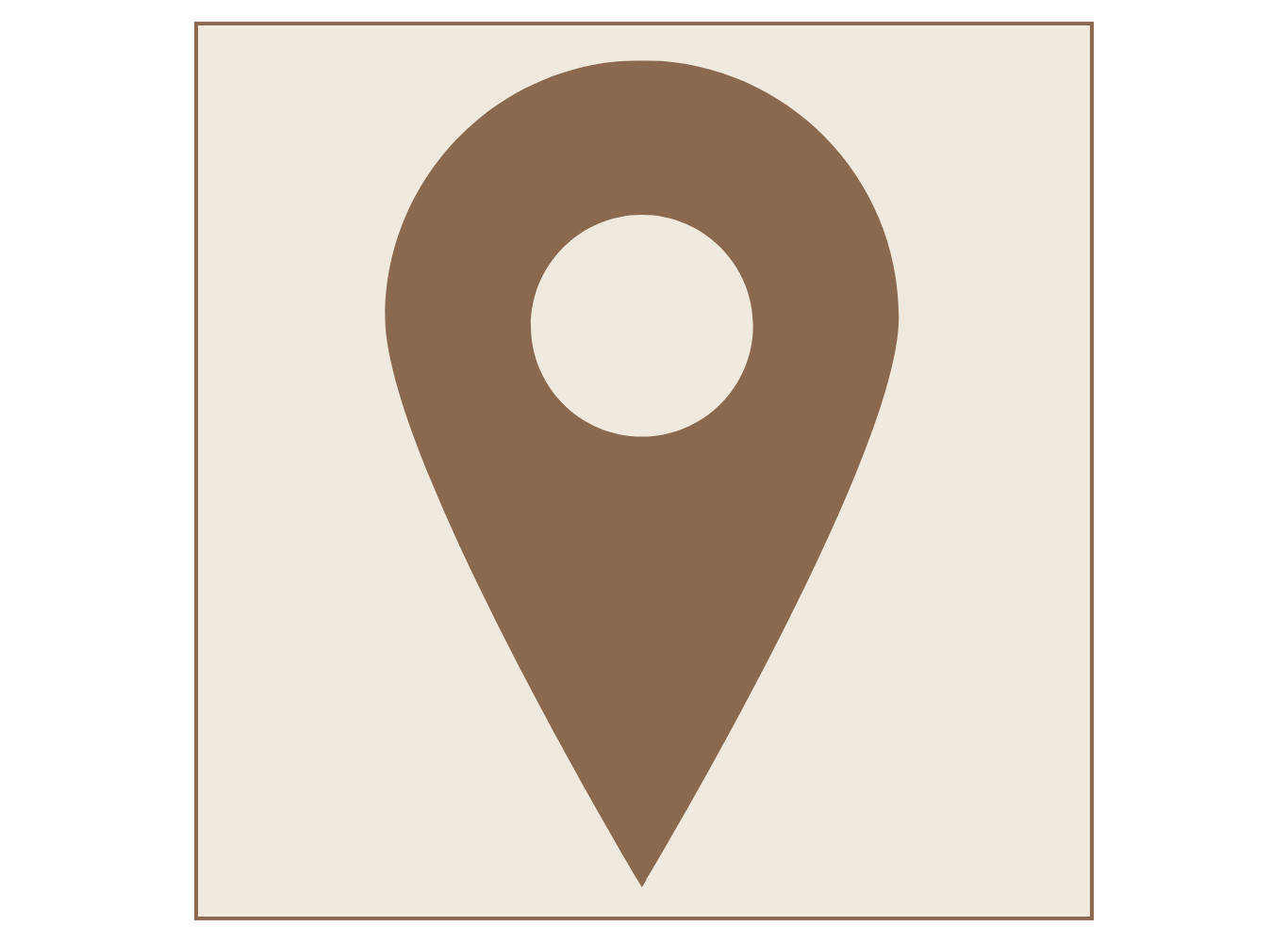 A graphic icon of a map location pin in brown on a beige background.