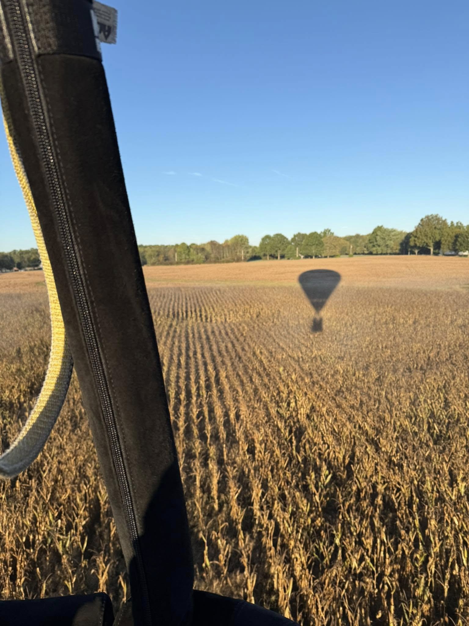 View from an aircraft showing the shadow of a hot air balloon on a field with trees and a clear blue sky in the background.