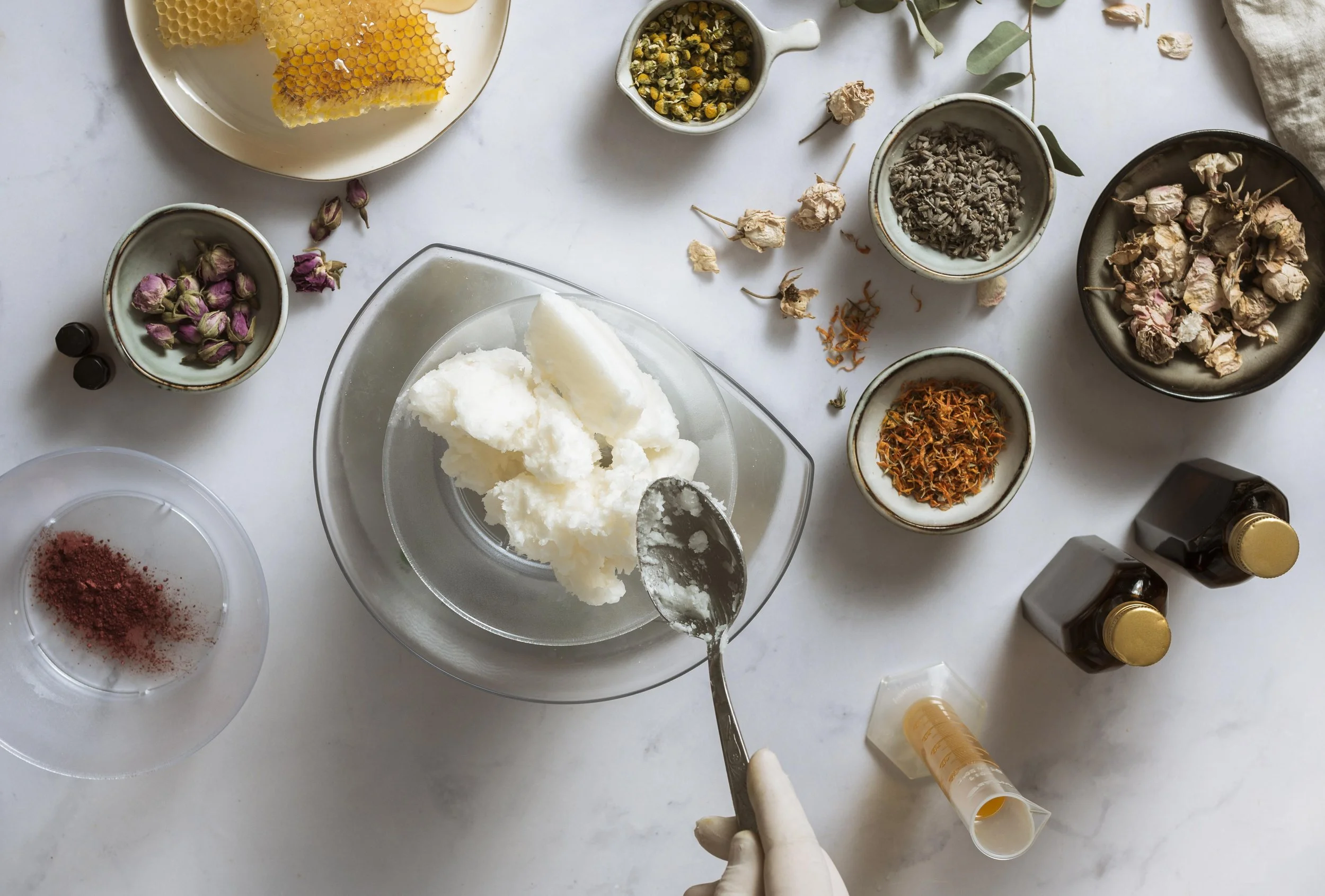 A flat lay of various containers and ingredients on a white surface, including honeycomb, dried herbs, powders, and a container of white substance, with a gloved hand scooping some of the white substance.