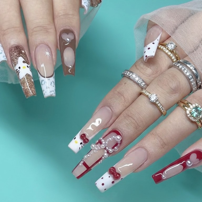 Close-up of a hand with decorated and painted acrylic nails featuring holiday-themed designs, rhinestones, and glitter, alongside rings.