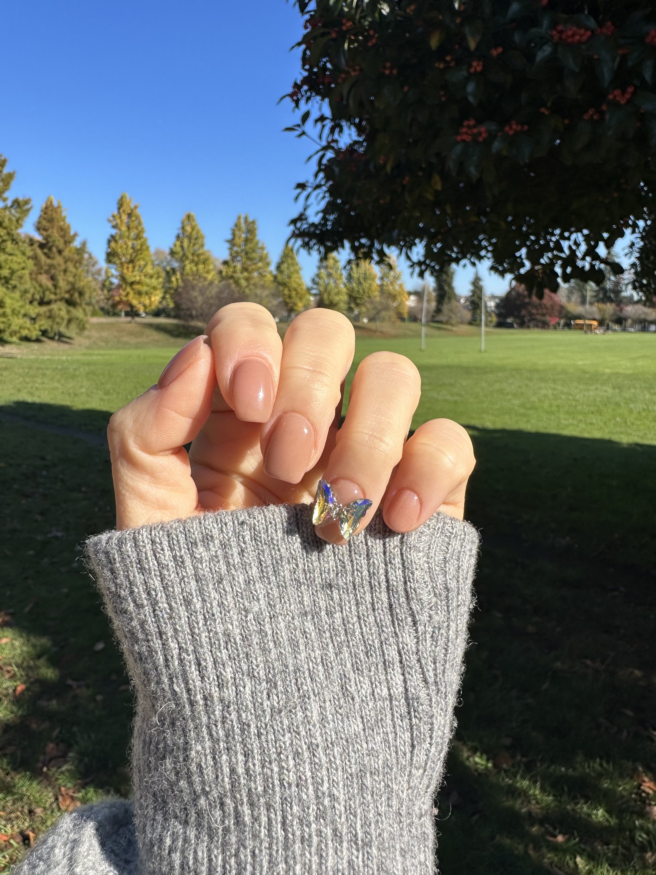 A hand with a decorated fingernail holding a butterfly-shaped ring, partially covered by a gray knit sweater, outdoors in a park with green grass, trees, and a clear blue sky.