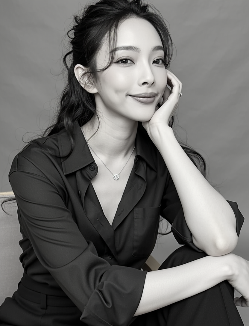Black and white portrait of a young woman with long wavy hair, smiling softly, wearing a dark button-up shirt, a necklace, and a ring, with her hand resting on her face. Blaire Ieong nail technician in vancouver.