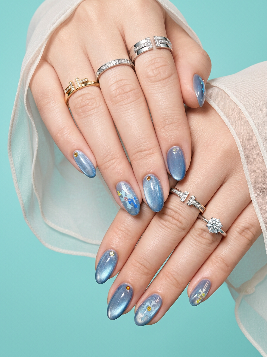 Close-up of a person's hands showing jewelry and decorated nails with a blue gradient and small gold and silver accents, against a light blue background.