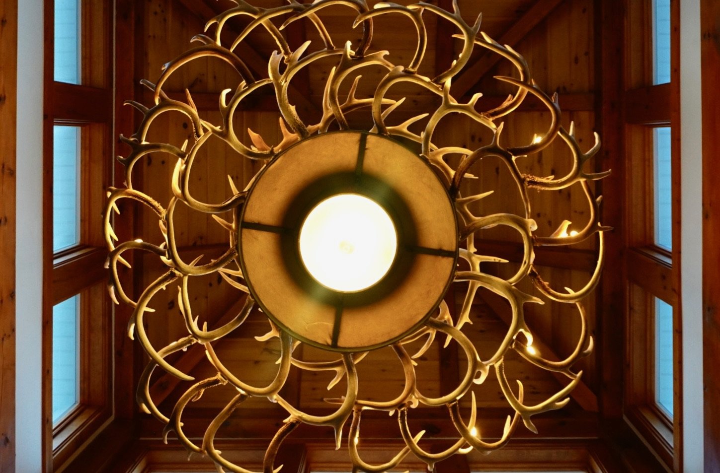 Chandelier made of antlers hanging from a wooden ceiling with windows on all sides.