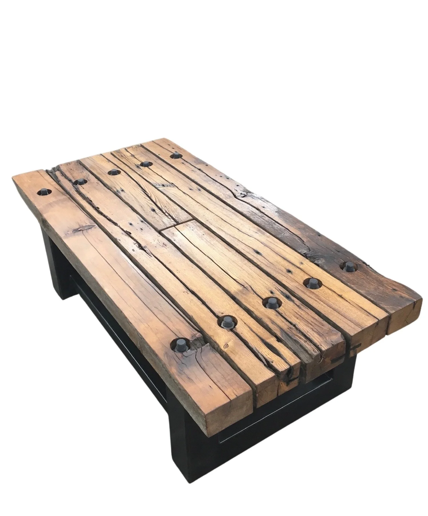 Wooden table with black screws and metal legs on white background.