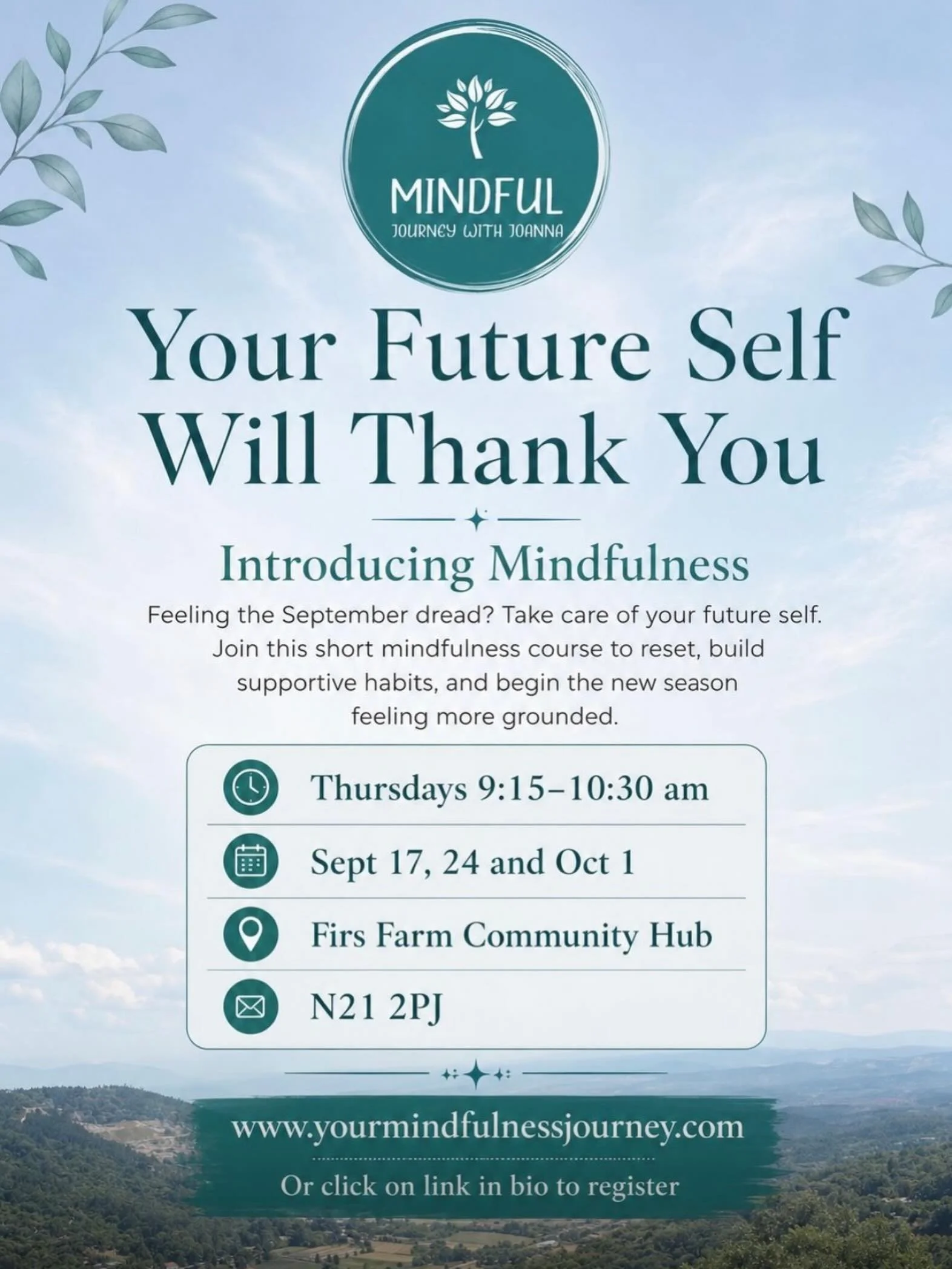 September is just around the corner. 

Take care of your future self by making a little space for mindfulness &mdash; drop in to one of my sessions, join an upcoming course, stay connected.

Want to practise with me? Join my newsletter for upcoming