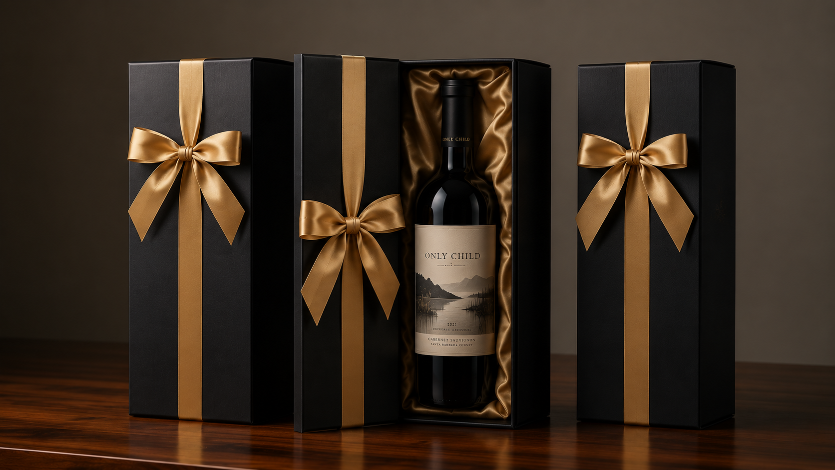 A gift set featuring a bottle of wine with a landscape label, surrounded by three black boxes with gold ribbons and bows, on a wooden surface.
