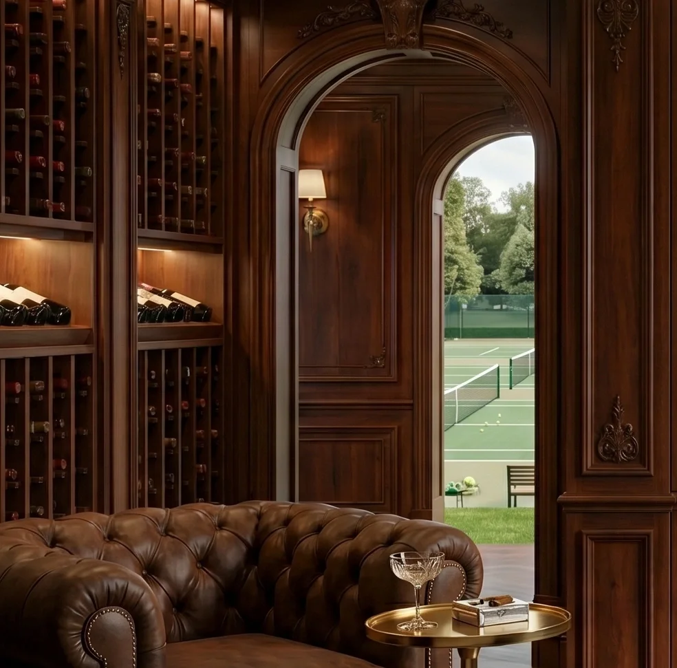 A luxurious room with dark wood paneling and a large arched doorway leading to an outdoor tennis court.