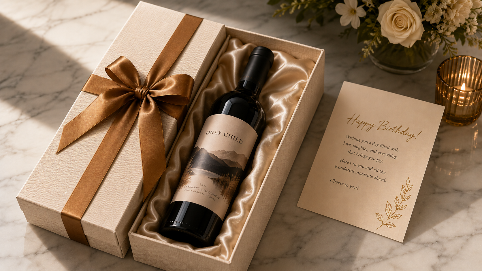 A gift box with a gold ribbon, a bottle of wine, and a birthday card on a marble table. In the background, there is a flower arrangement and a lit candle.