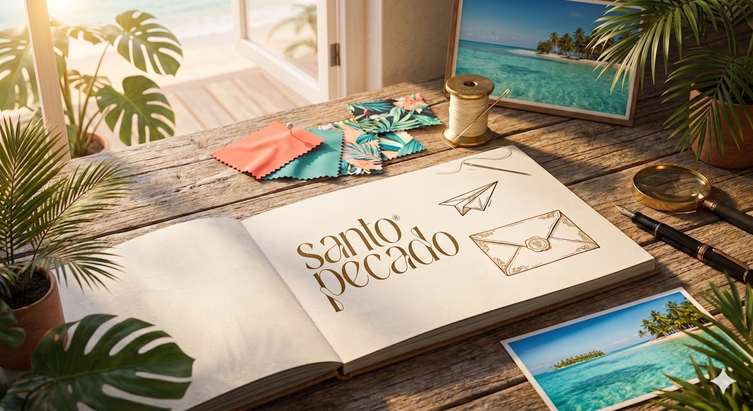 A rustic wooden desk setup with tropical-themed fabric swatches, a spool of thread, a magnifying glass, a pen, and a large open guestbook with 'santo pecado' written inside, surrounded by potted plants, photographs of a beach, and a framed picture of the ocean and palm trees.