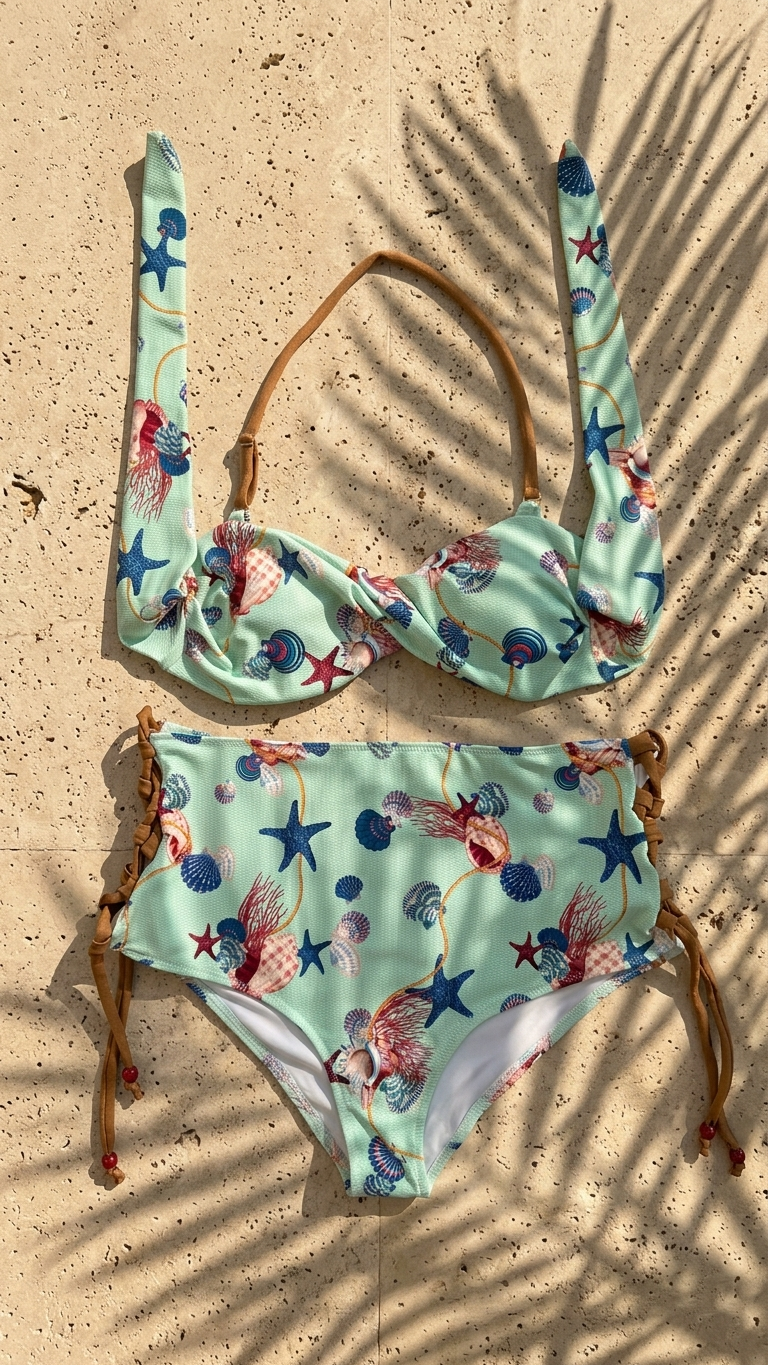 Immerse yourself in marine elegance with the "Ocean Treasures" bikini. A refined two-piece set in a soft mint green featuring a seashell and starfish print, elevated by a twist-front top and high-waisted bottoms with sophisticated lace-up side detail