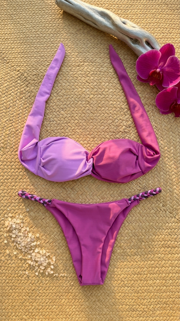 The Orchid Colorblock Twist Set
Description:
Embrace the magic of golden hour with The Orchid Colorblock Twist Set. This stunning two-piece elevates your resort wear wardrobe with a sophisticated two-tone design, seamlessly blending soft lilac with d