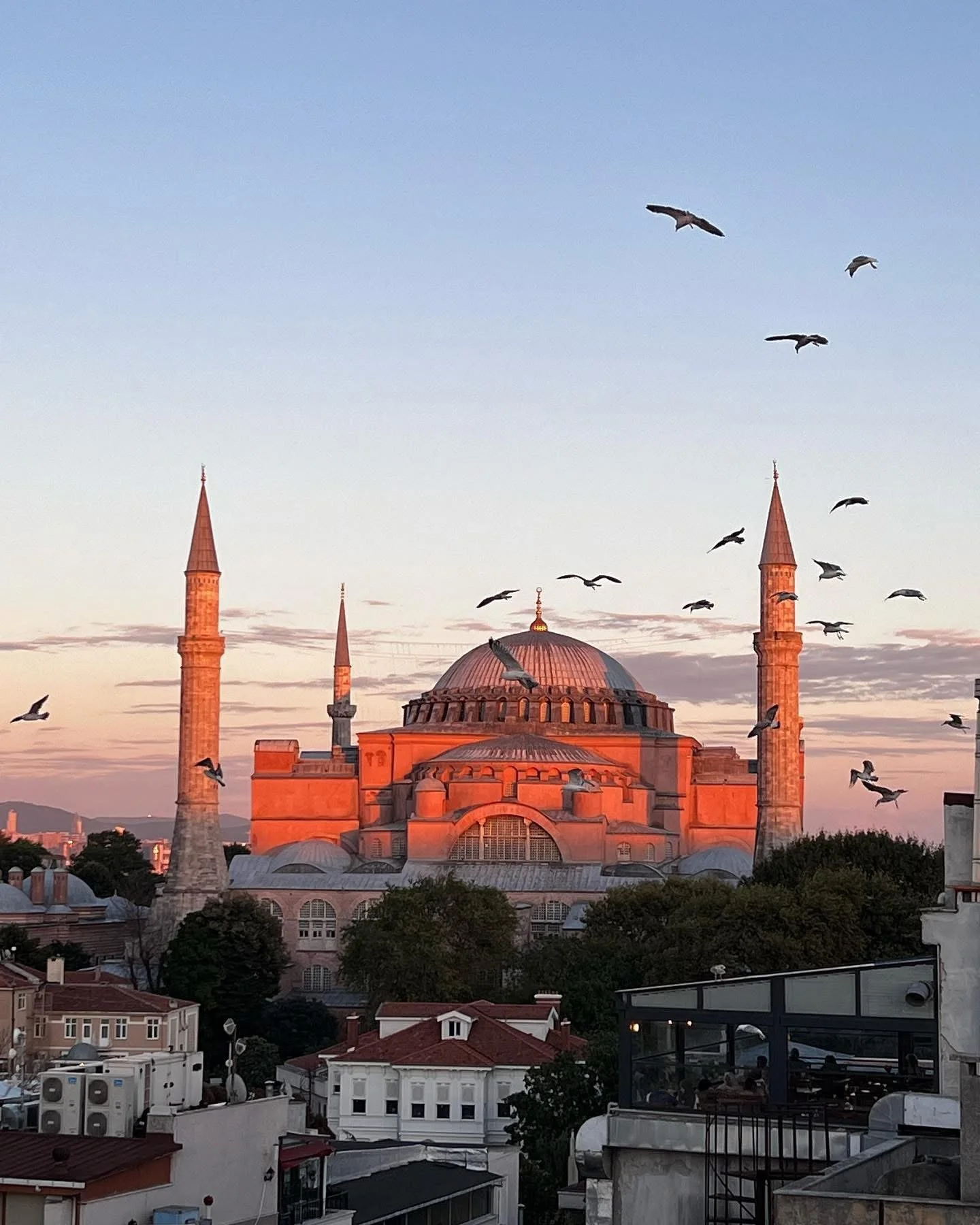 Sunset over a mosque with multiple minarets and a large central dome, with birds flying in the sky and residential buildings in the foreground.