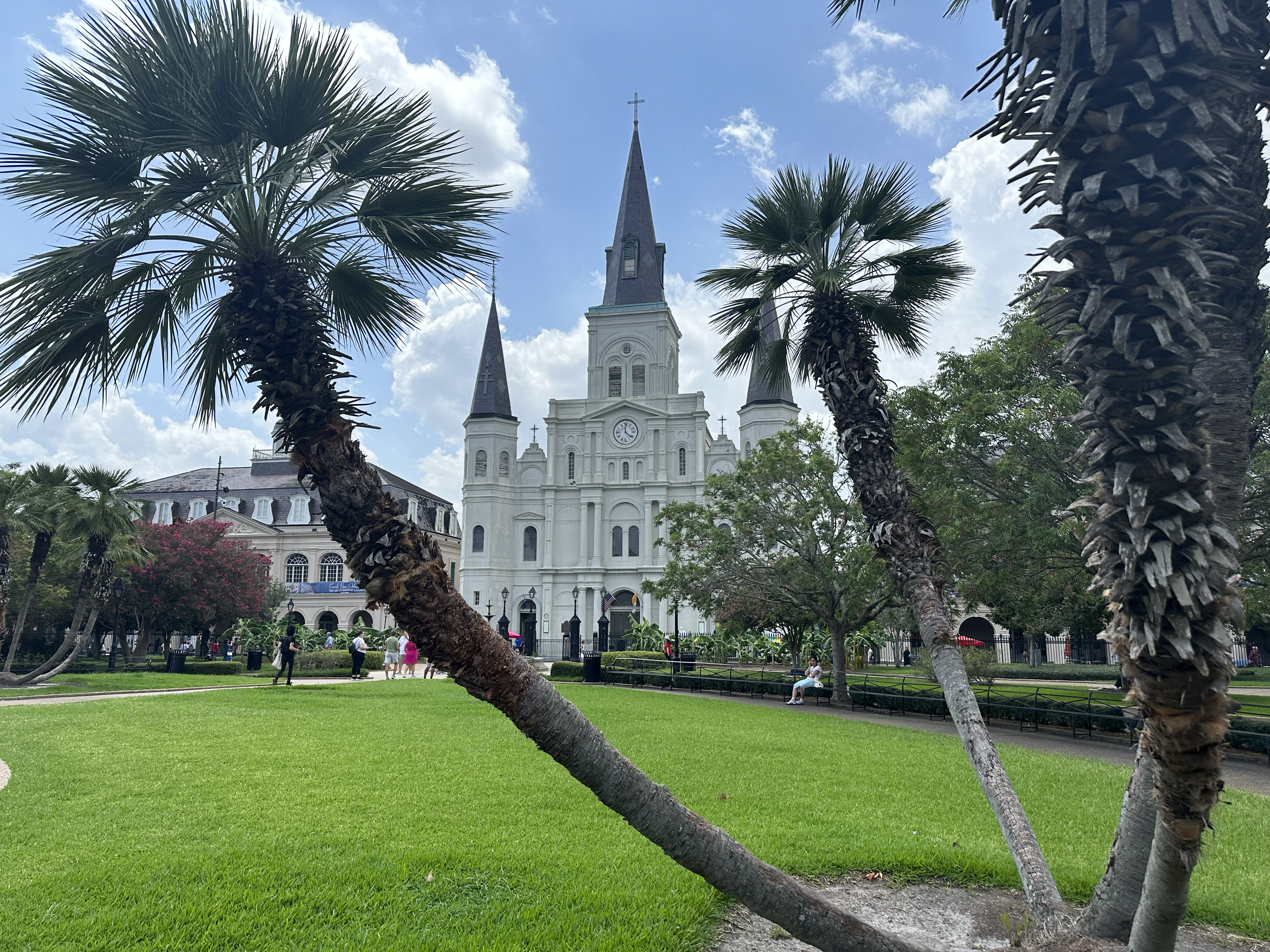 A church with three spires viewed through palm trees on a sunny day. The church has a clock on its facade, and there are people walking and sitting in the park area in front.