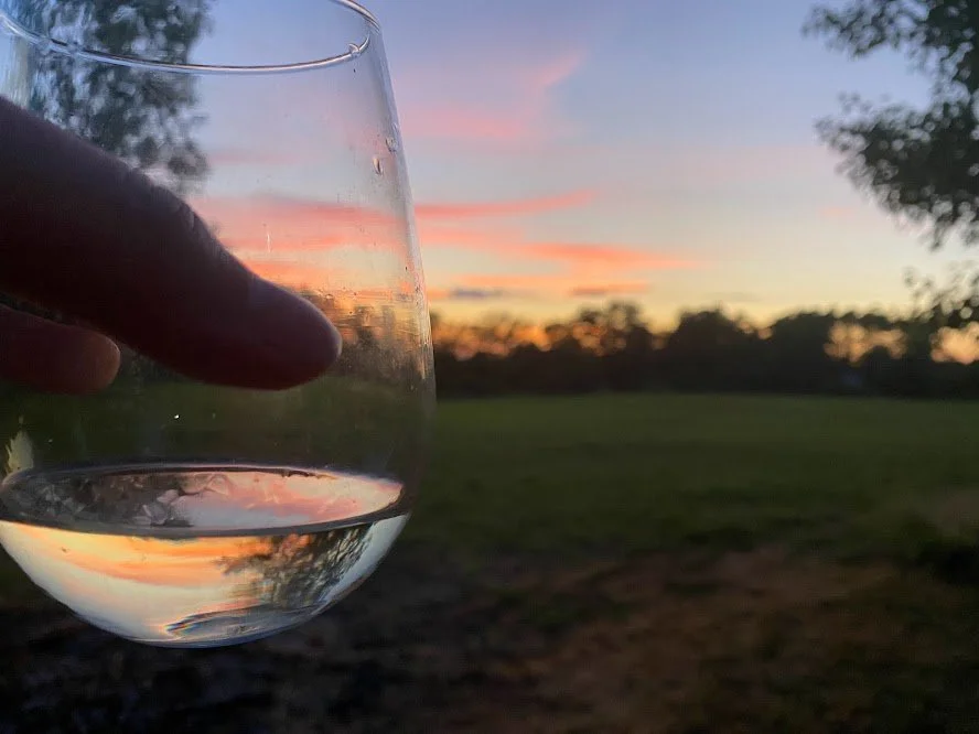 Person holding a glass of wine outdoors during sunset with a colorful sky and trees in the background.