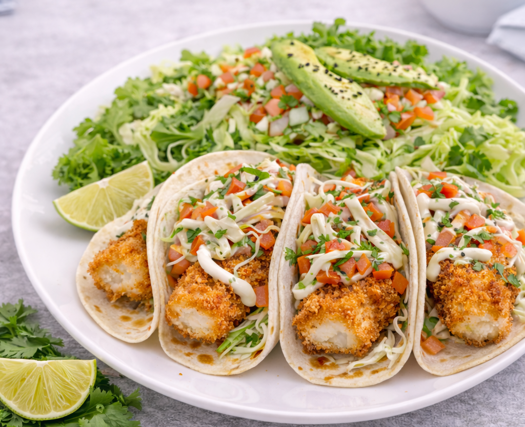 Plate with fish tacos topped with shredded vegetables and drizzled with white sauce, served with lime wedges and a side of salad with avocado slices.