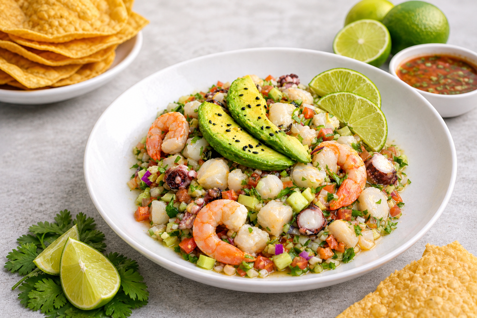Seafood ceviche with avocado slices and lime wedges, accompanied by tortilla chips and a side of salsa.