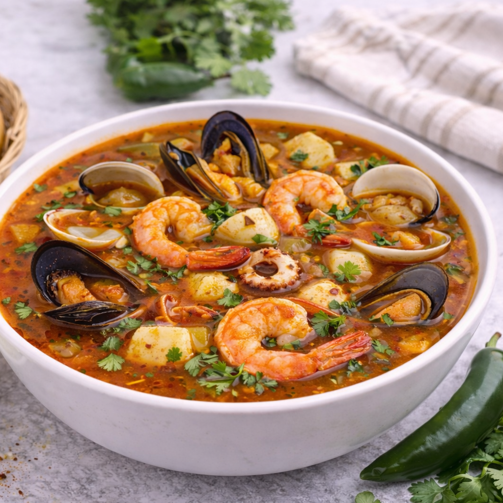 A bowl of seafood chowder with shrimp, mussels, clams, and chunks of fish garnished with herbs, with a green pepper and cilantro in the background.