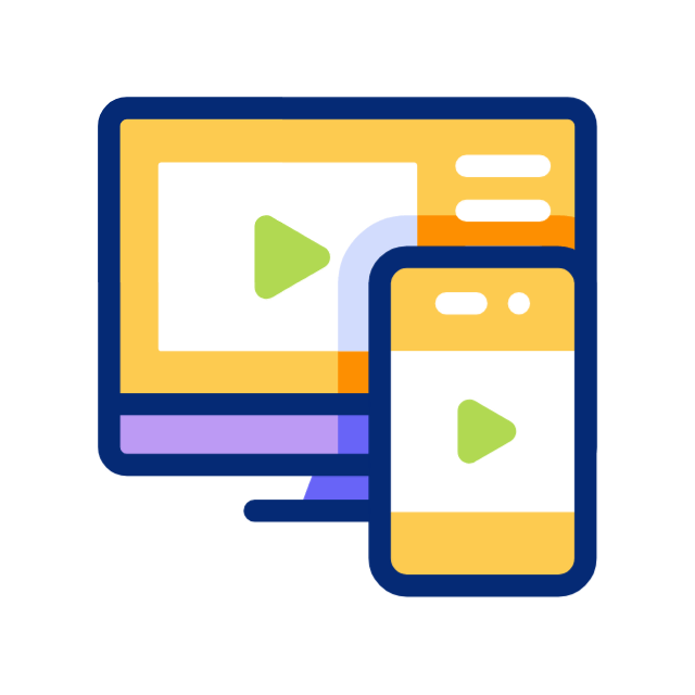 Illustration of a computer monitor and a smartphone displaying a video play button.