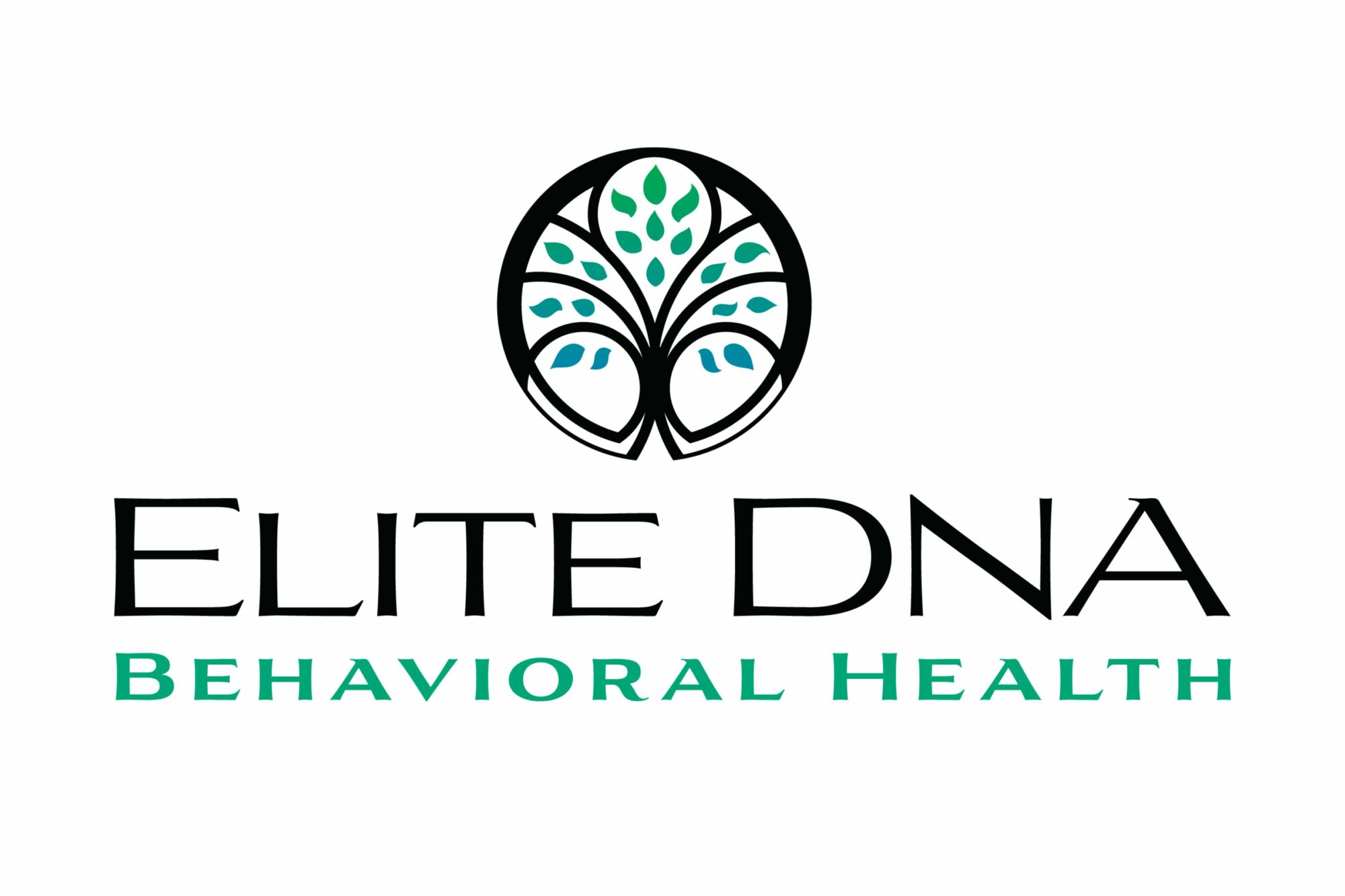 Logo for Elite DNA: Behavioral Health, featuring a black circular design with a stylized tree with leaves in green and blue colors, and the text 'ELITE DNA' in bold black letters below, with 'BEHAVIORAL HEALTH' in green underneath.