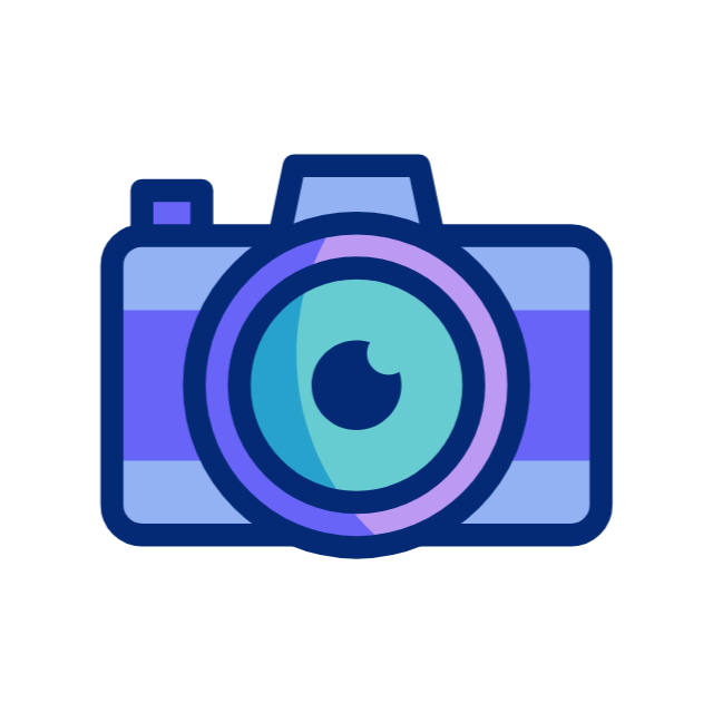 Icon of a blue and purple camera with a large lens and a small flash on top.
