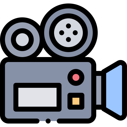 Icon of a vintage film camera with two reels on top, a large lens on the front, and control buttons on the side.