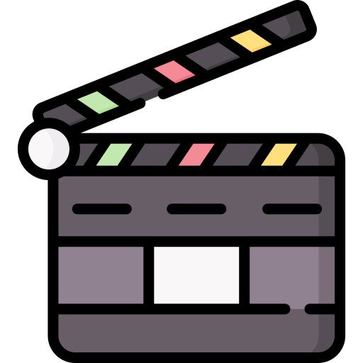 Icon of a film clapperboard with a filmstrip roll
