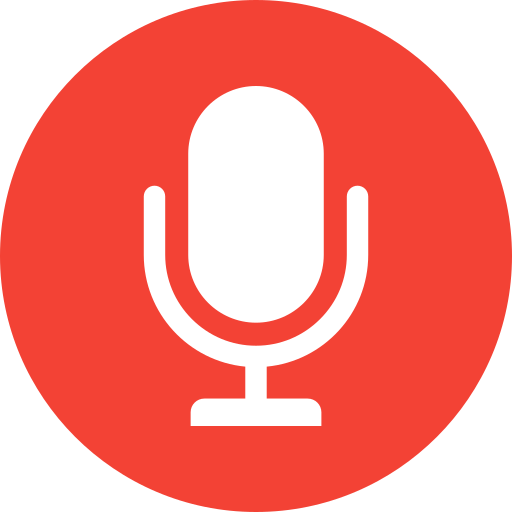 Icon of a white microphone on a red circular background.