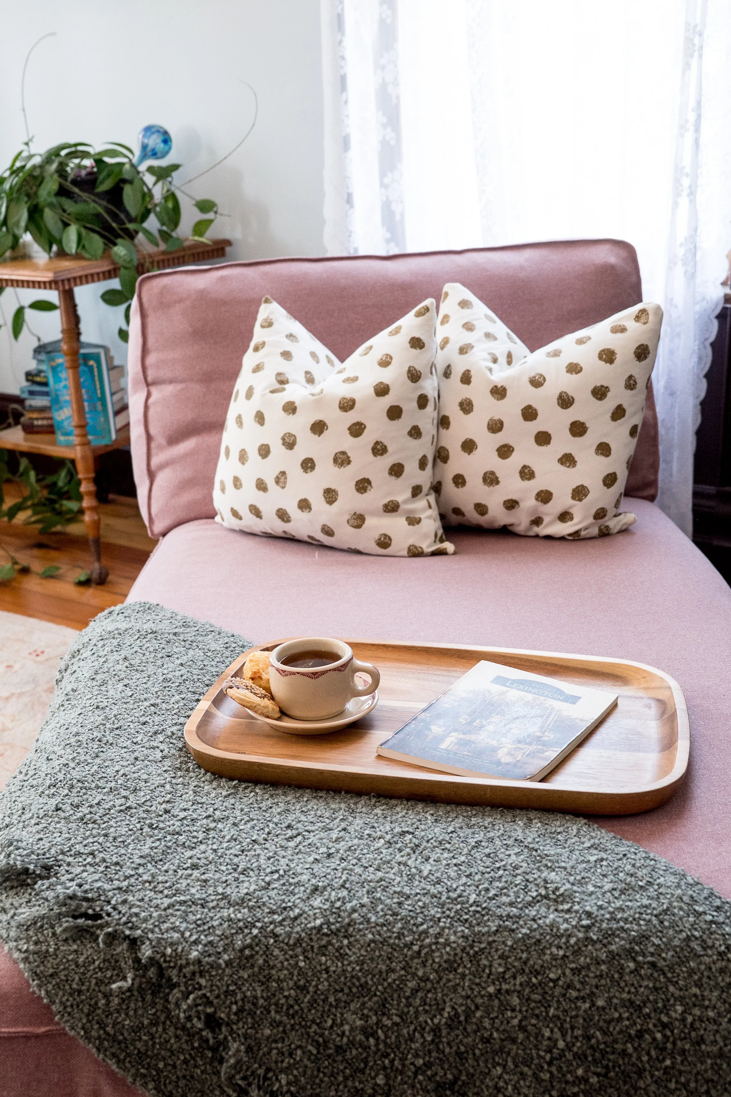 Living room with a pink couch, two polka dot pillows, a wooden tray with coffee, cookies, and a magazine, a fuzzy blanket, a wooden side table with books and a houseplant, and sheer white curtains.