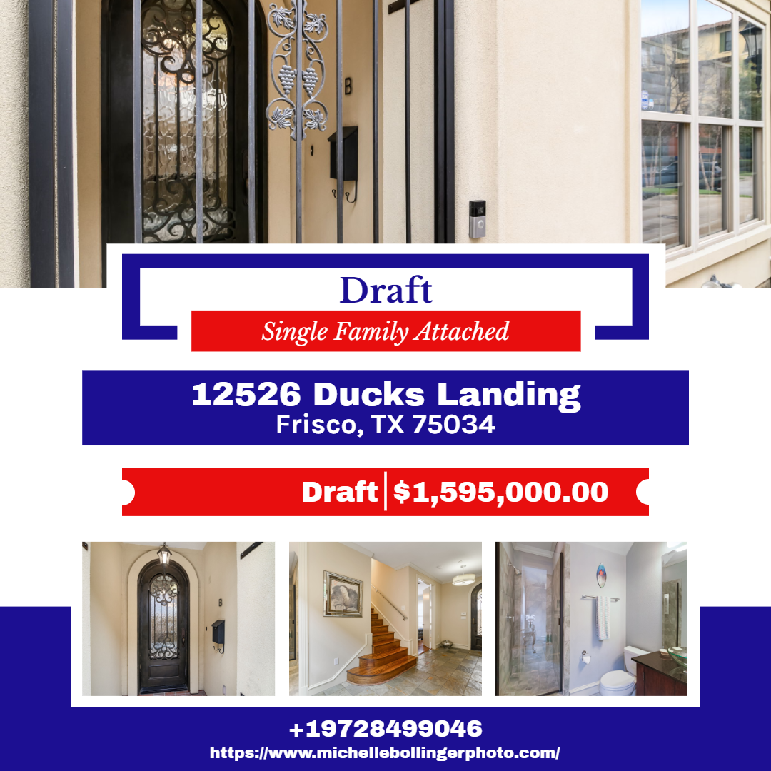 Smart home property listing flyer with images of a house entrance, staircase, and bathroom. The flyer has a bold color scheme of red, white, and blue, listing the address as 12526 Ducks Landing, Frisco, TX 75034, with a draft price of $1,595,000.00, 