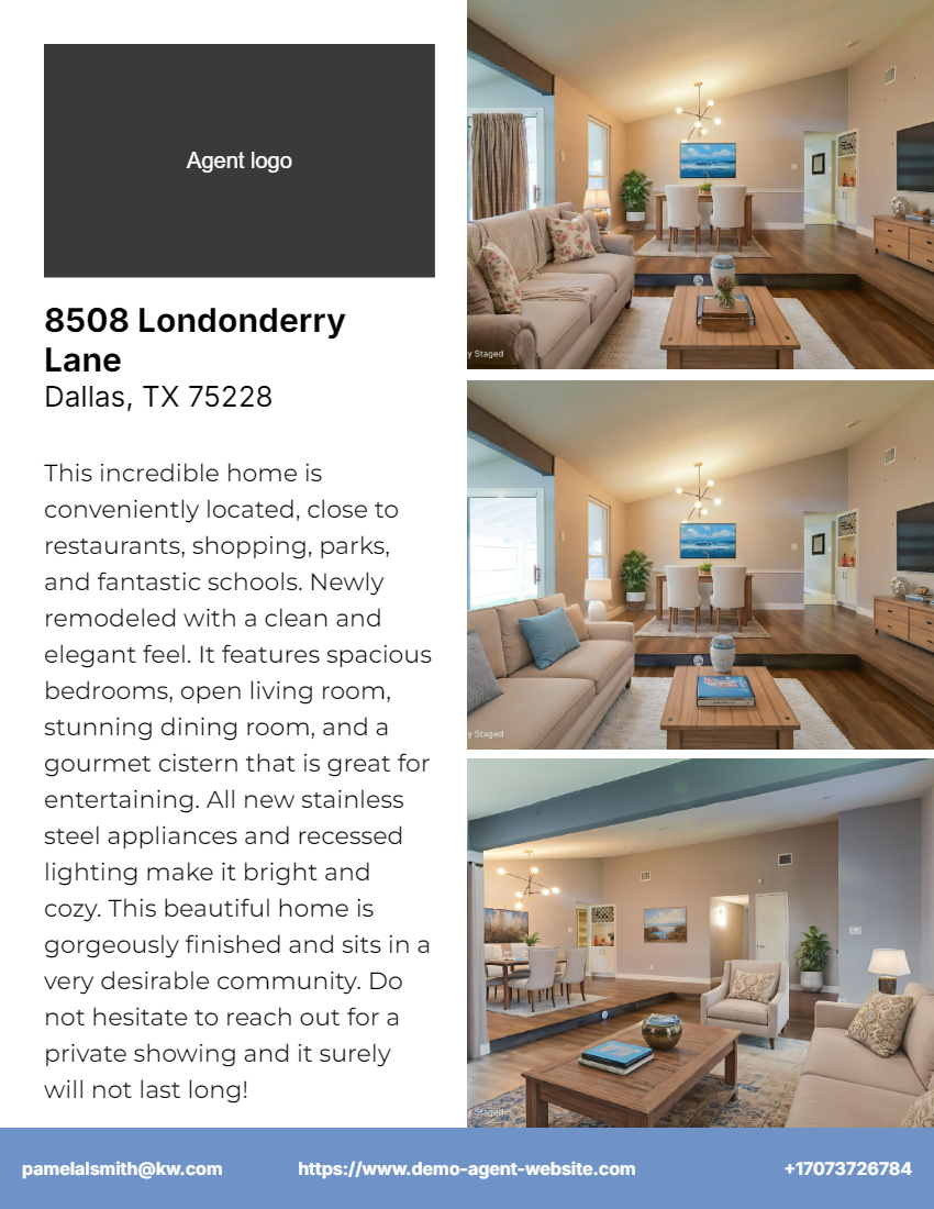 Three images of a living room and dining area with modern furniture, a large window, and neutral decor, accompanied by a property description and contact information for a real estate agent.