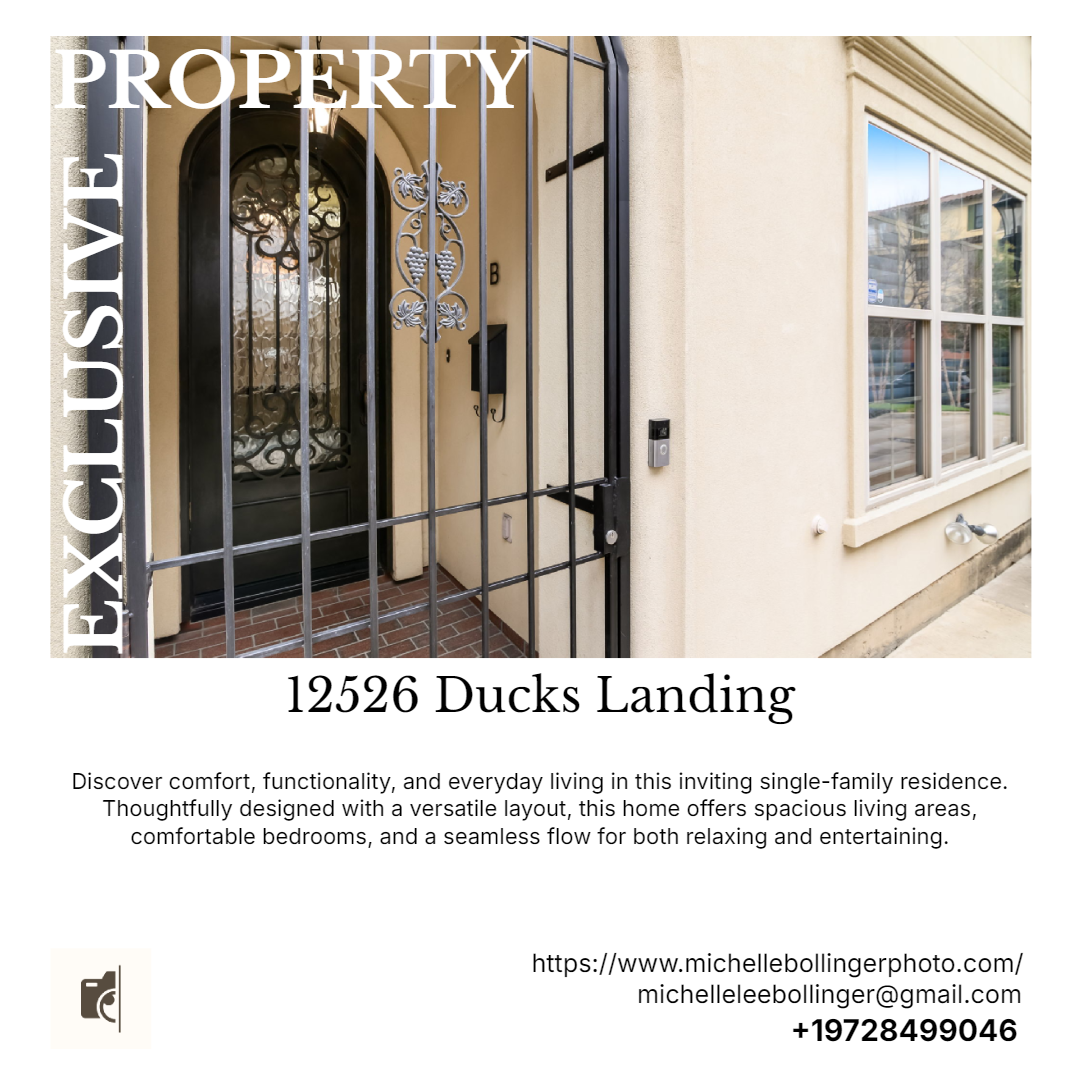 Front door entrance of a house with black wrought iron gate and window, beige exterior wall, and house number 12526 Ducks Landing.