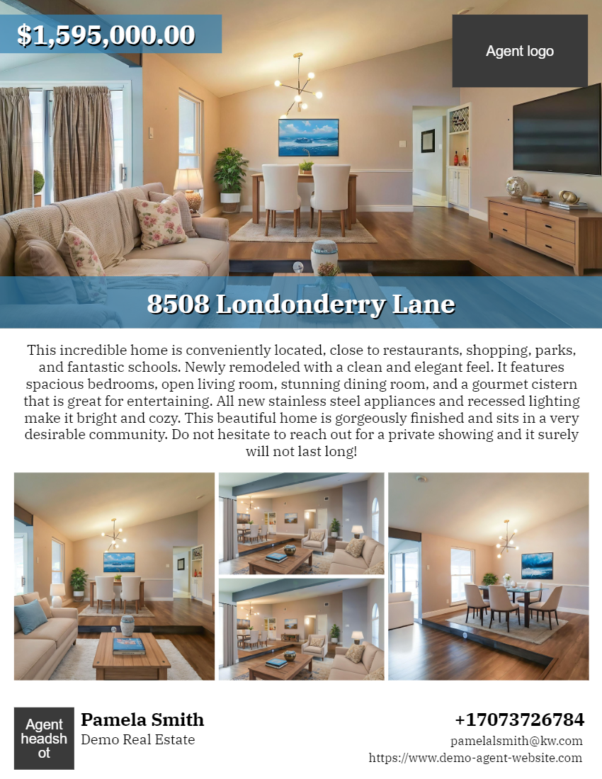 Real estate flyer featuring a living room and dining area in a home at 8508 Londonderry Lane. The flyer includes contact information for agent Pamela Smith, with a listed price of $1,595,000.