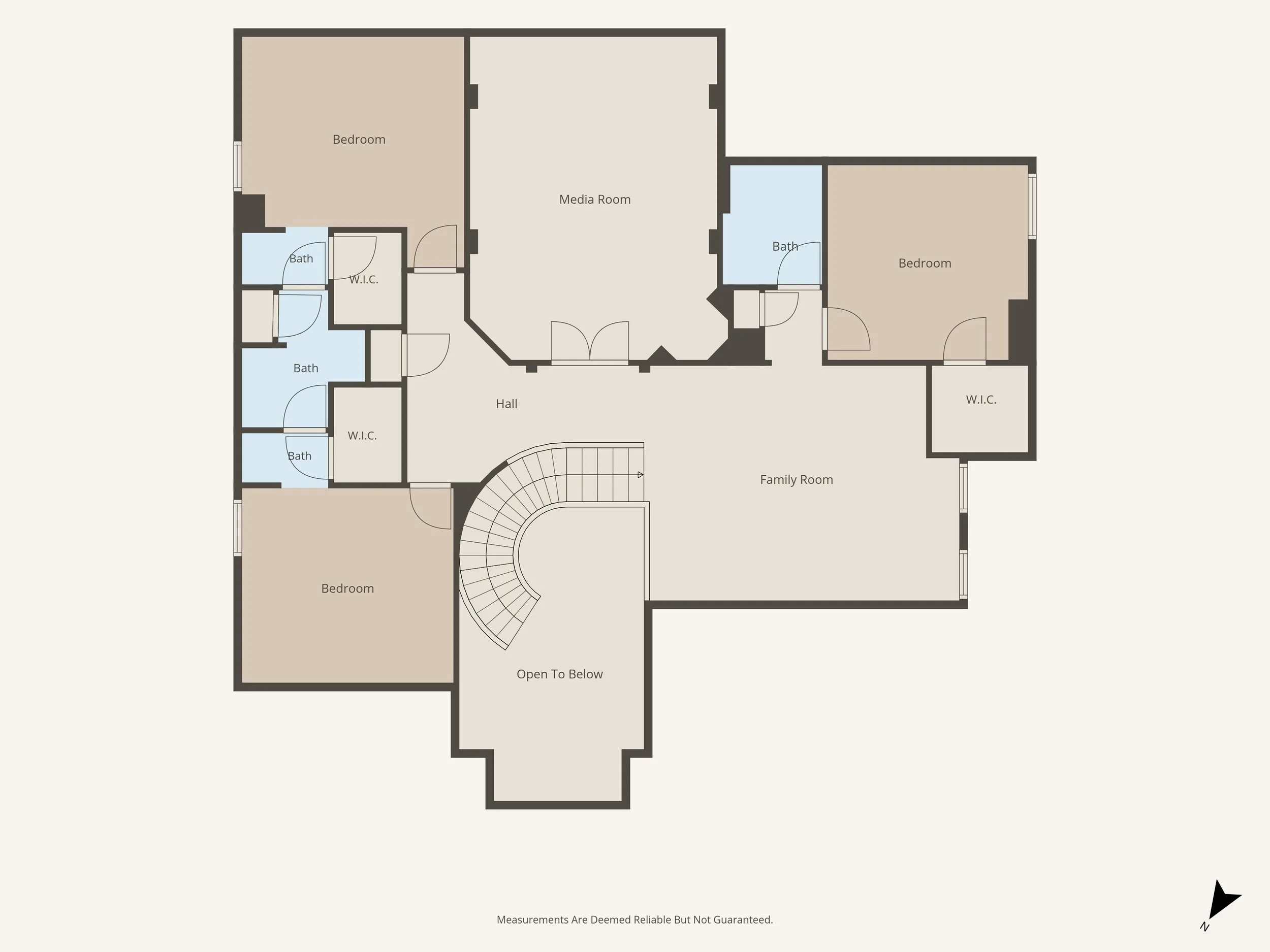 Floor plan of a house showing two bedrooms, three bathrooms, a media room, a family room, and multiple walk-in closets. Features a staircase and open space below.