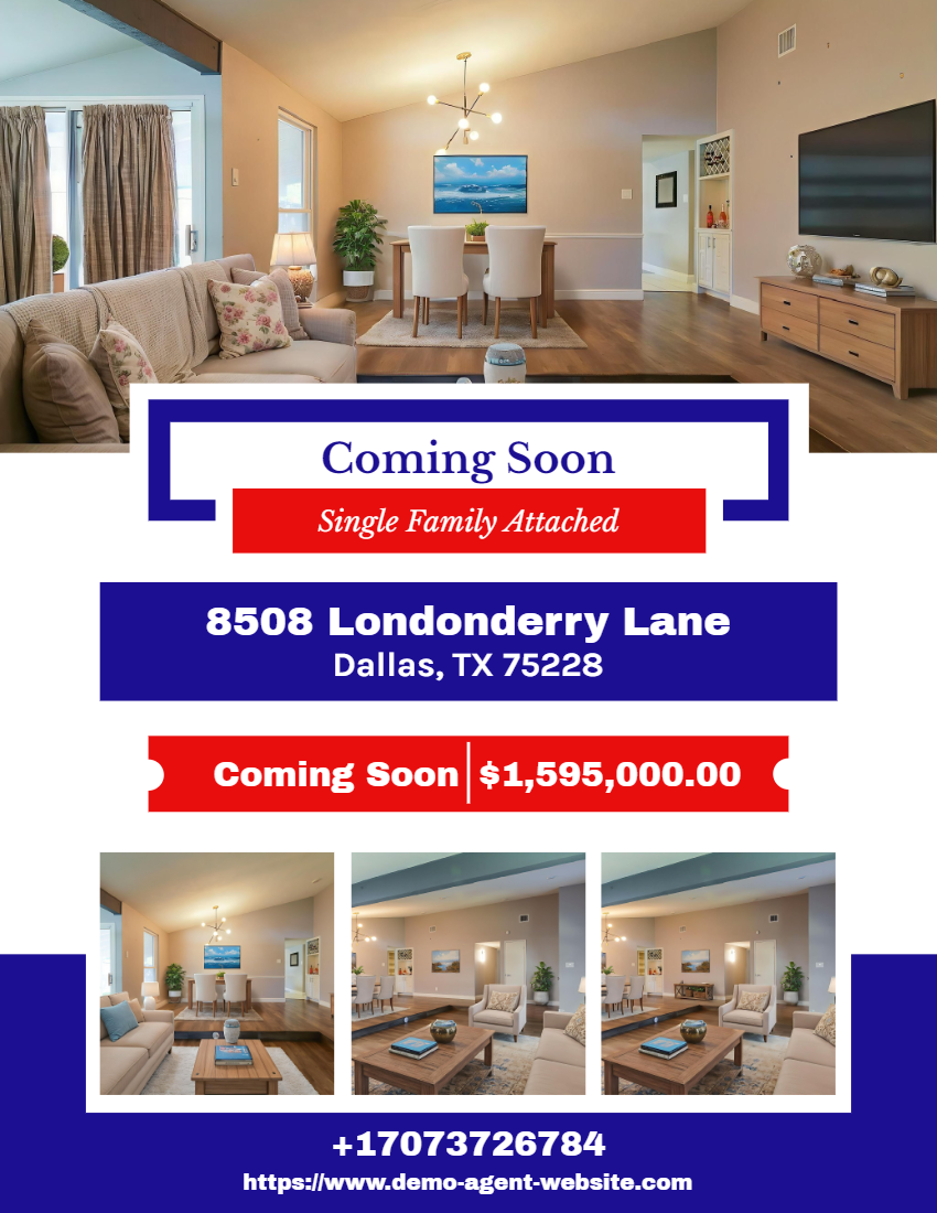 Interior living room with a beige sofa, pillows, curtains, a dining area with white chairs, a TV on the wall, and promotional text overlay for an upcoming property listing.
