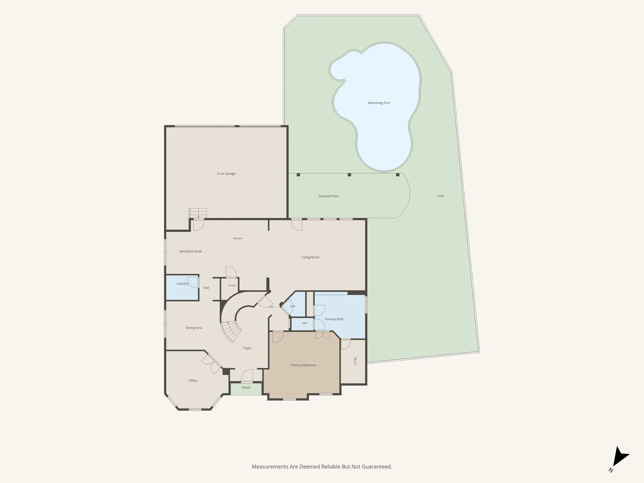 Floor plan of a house with a swimming pool and yard outside.