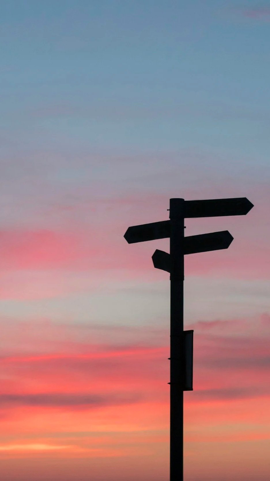 Silhouette of a multi-directional signpost against a colorful sky at sunset.