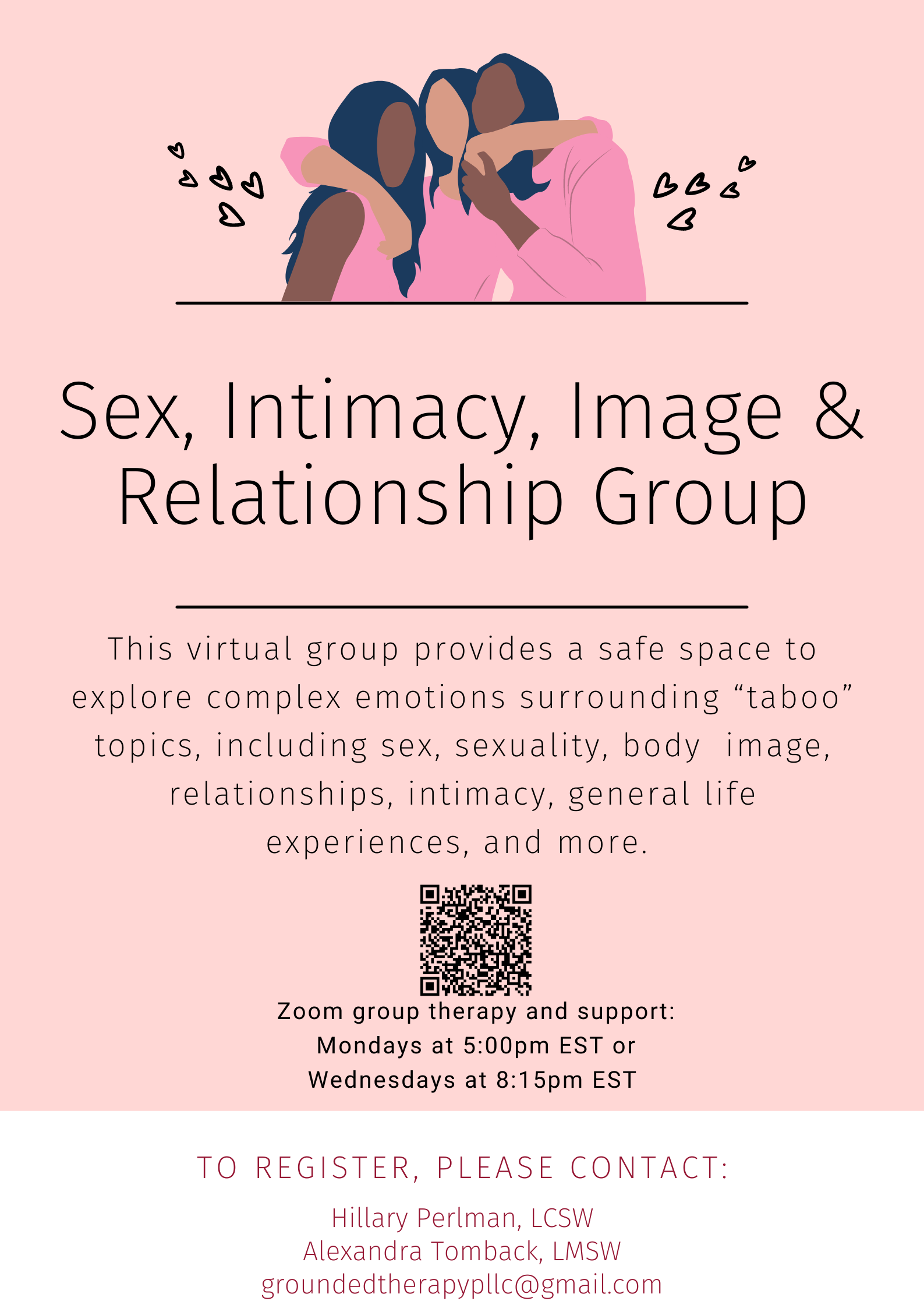 Illustration of two women with dark hair and skin, hugging each other with hearts surrounding them. Both wear pink tops.
