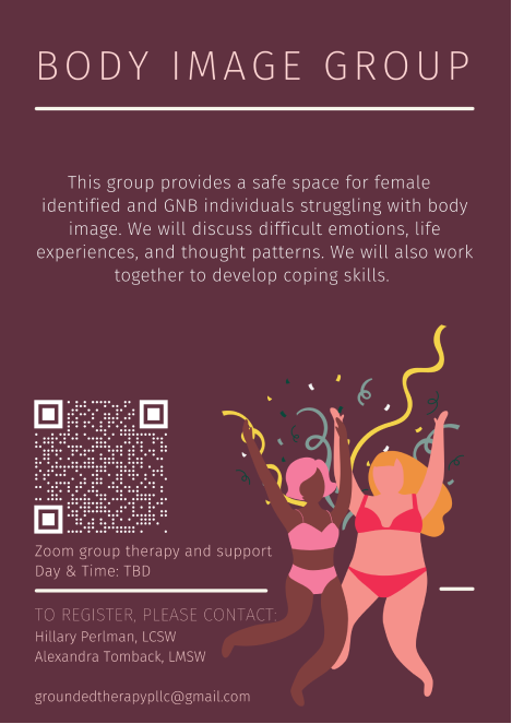flyer for a women's body image group featuring an illustration of two women dancing with colorful confetti, against a purple background, with details for registration and support.