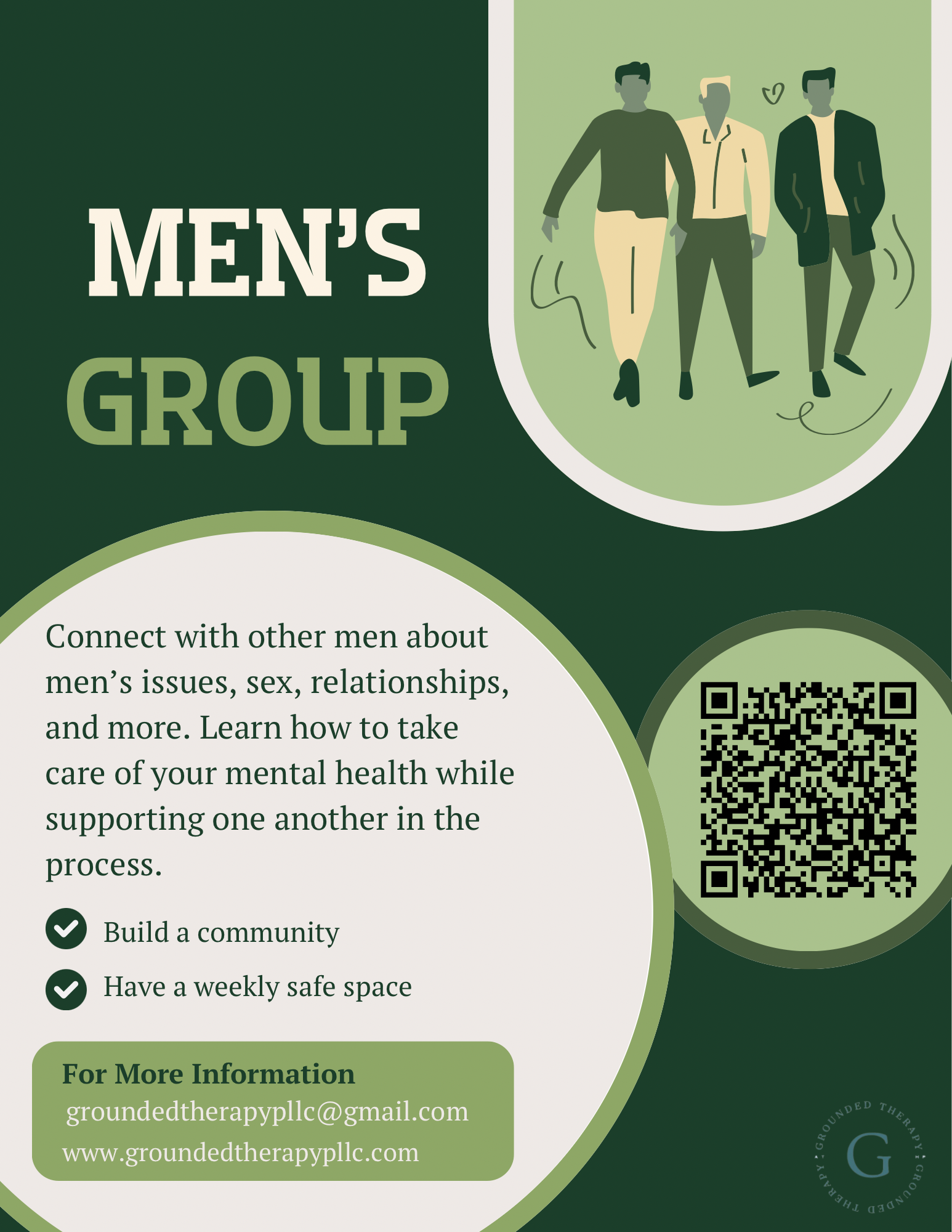 Flyer for men's support group with an illustration of three men walking together and a QR code for more information.