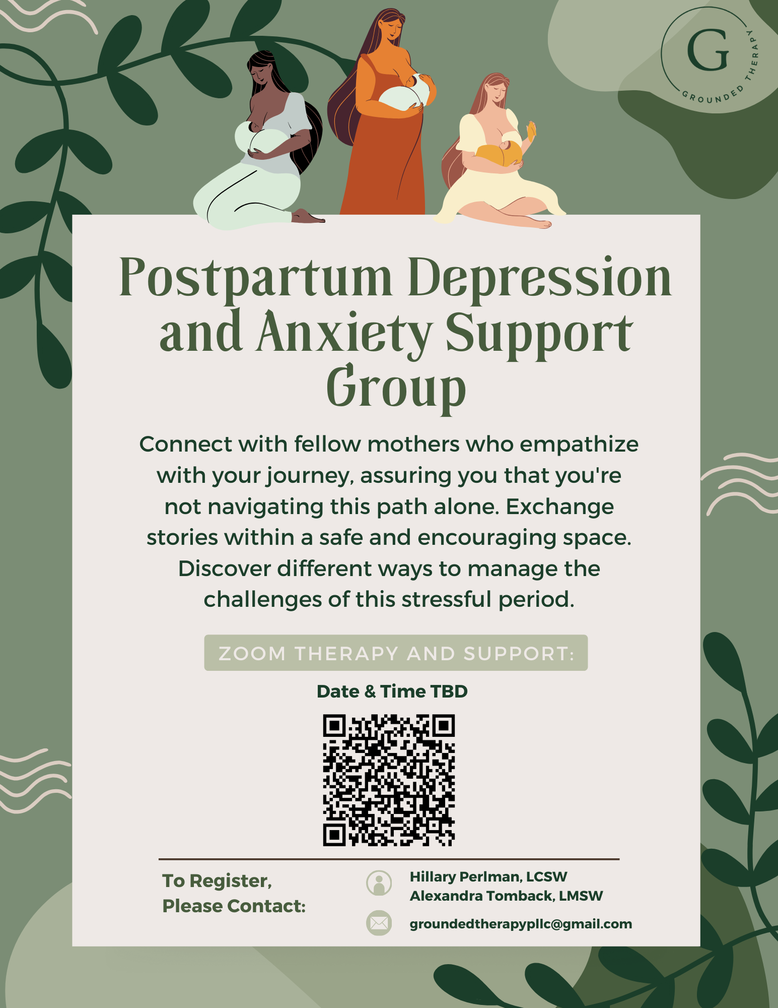 Flyer for postpartum depression and anxiety support group with illustrated women holding babies and sitting on a surface with green leafy background.