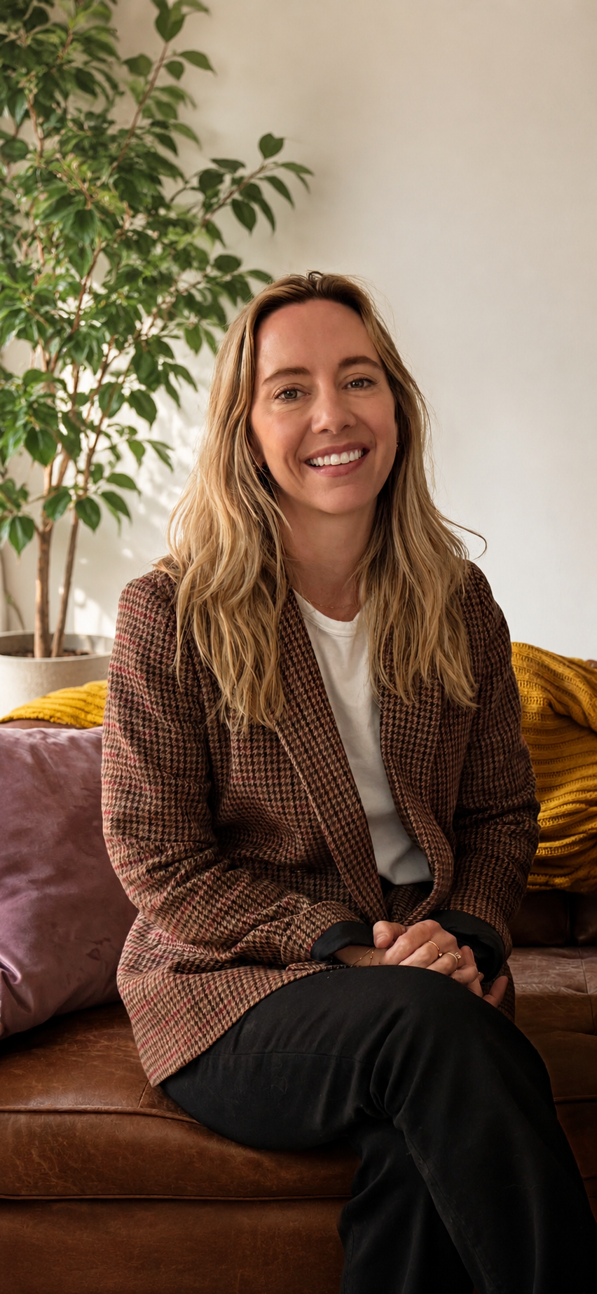 A woman with wavy blonde hair smiling while sitting on a brown leather couch in a room with a large green potted plant behind her.