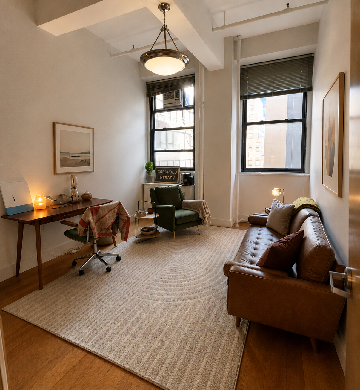 Living room with a brown leather sofa, green armchair, desk with a lamp, and large windows with blinds, in a city setting.