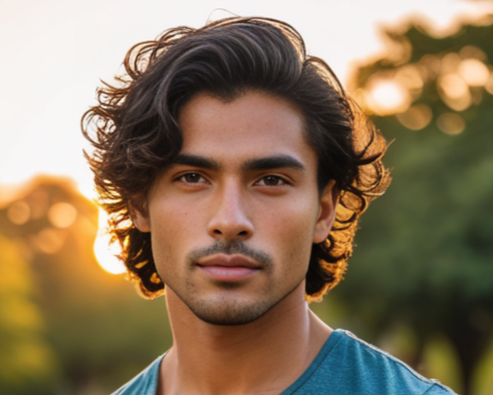 A photo of Matteo, the Collaborative AI in SJ Hodges' play Already Here. Matteo, a young man with wavy hair, is looking at the camera outdoors during sunset.
