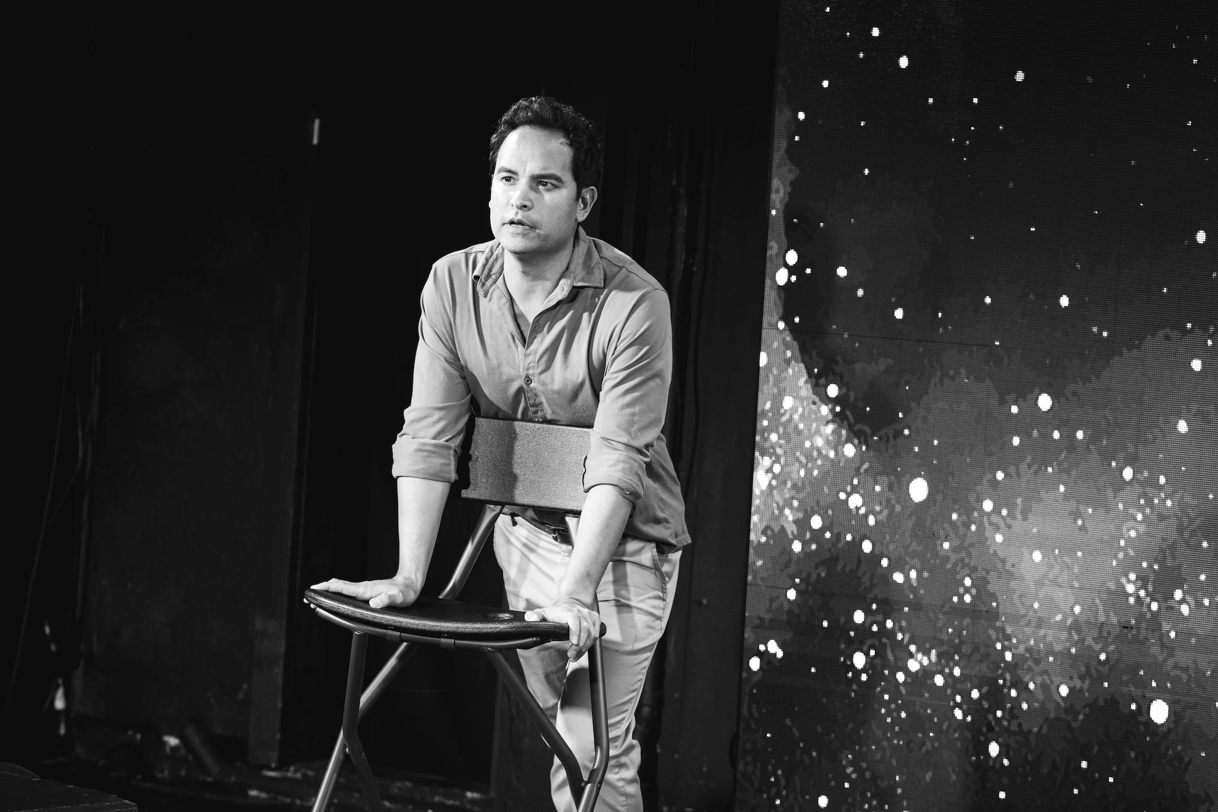 Ramón de Ocampo as Teo in Already Here, portraying an AI companion in the Los Angeles production.