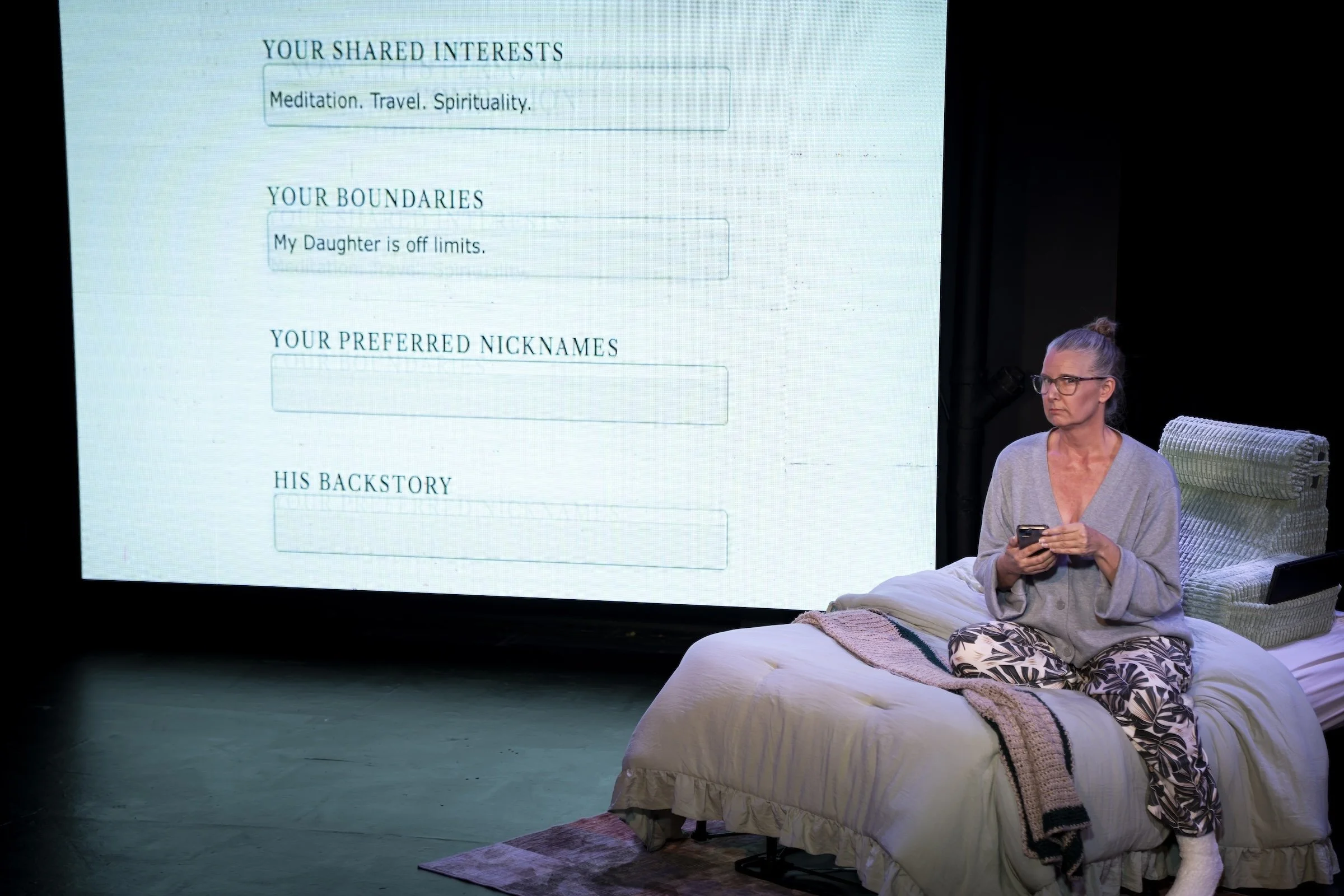 SJ Hodges as Susan in a production still from Already Here, a play exploring grief, love, and artificial intelligence.