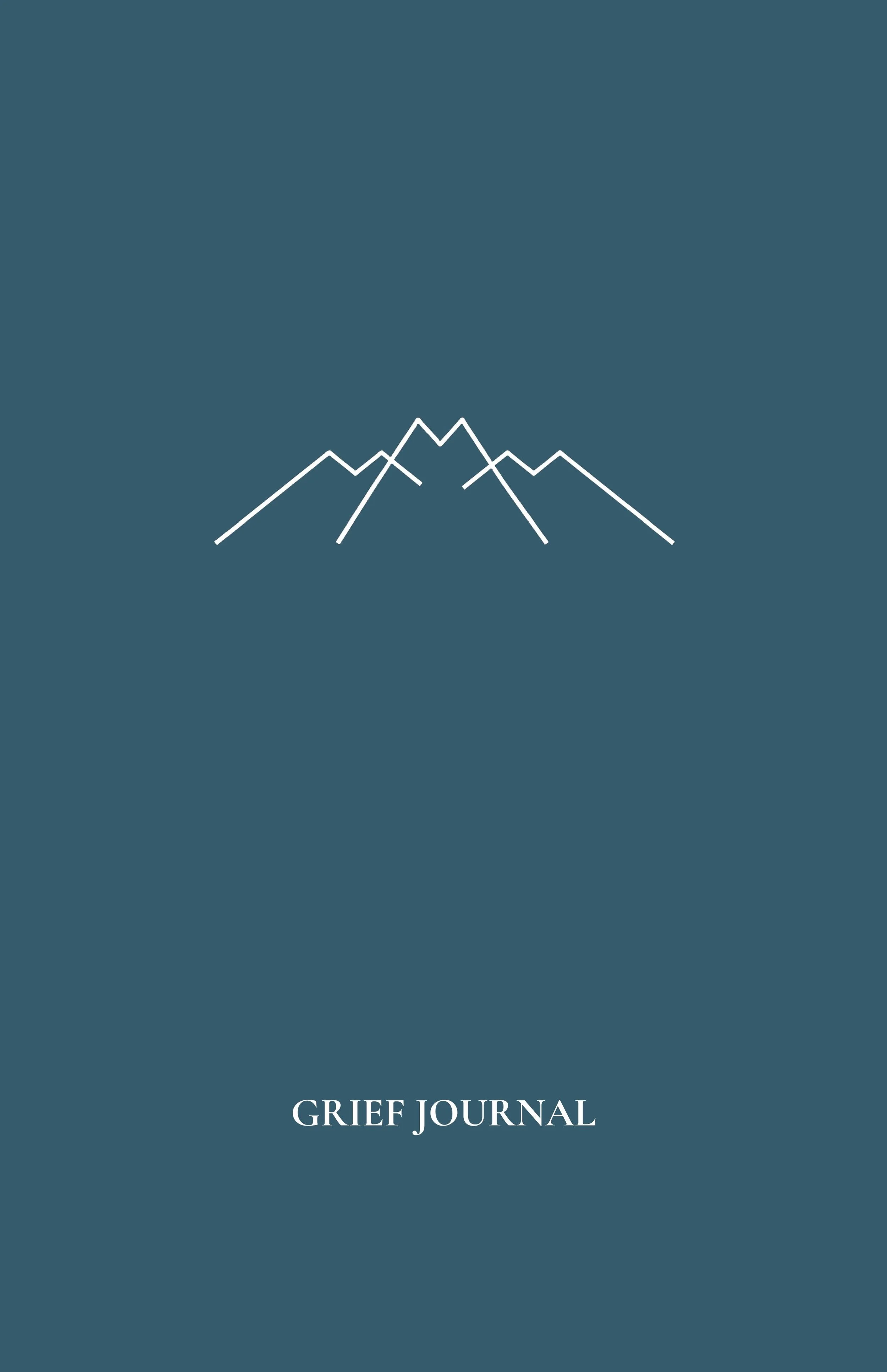 A dark blue cover with a minimalist white outline drawing of mountain peaks and the words 'GRIEF JOURNAL' at the bottom in white. A grief journal written by SJ Hodges.