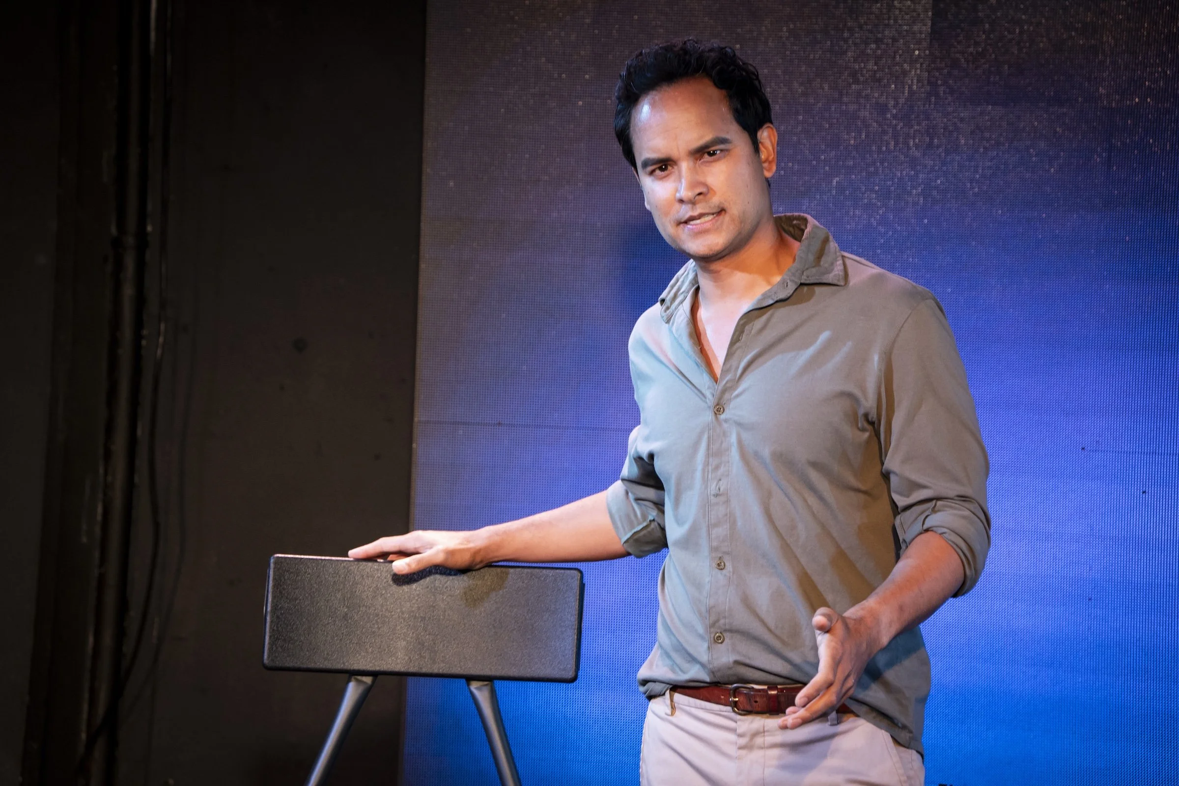 Ramón de Ocampo as Teo in Already Here, portraying an AI companion in the Los Angeles production.