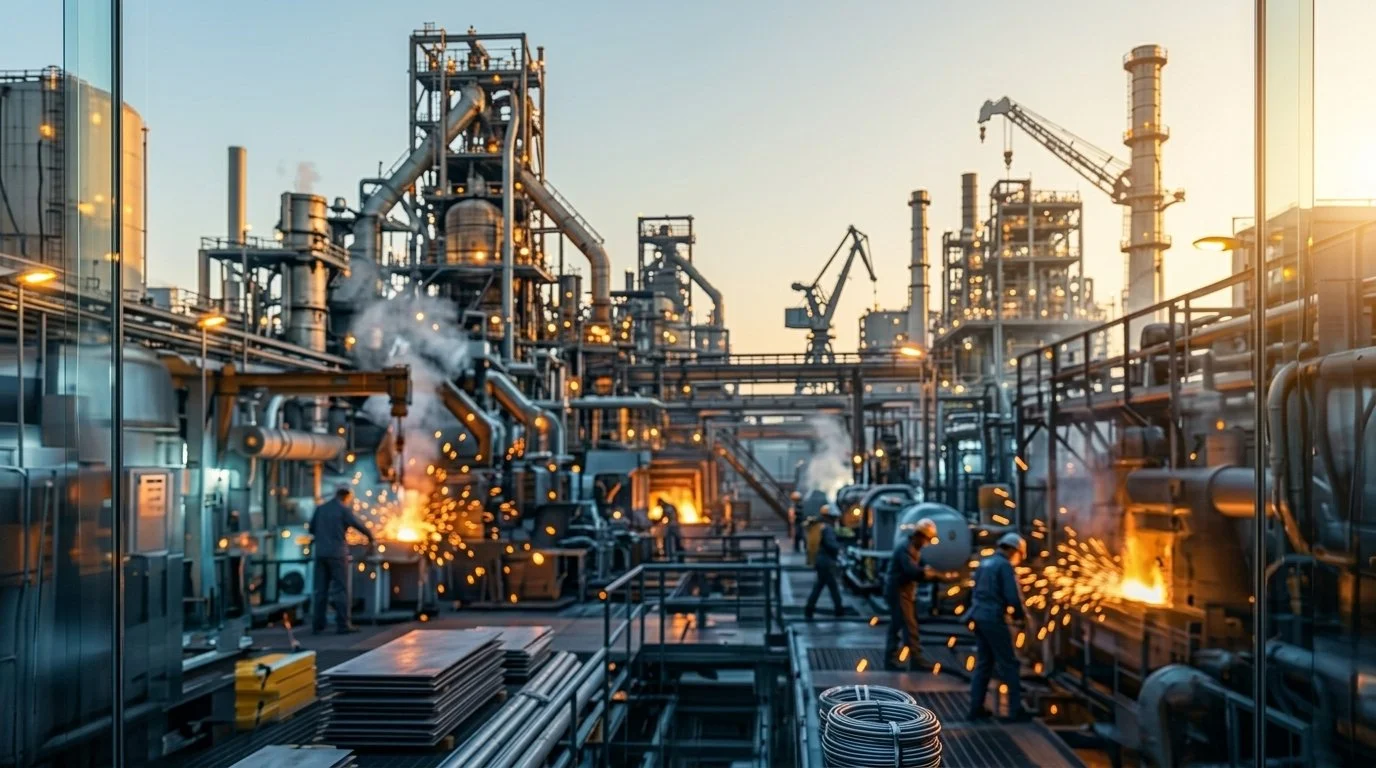Ingenieros trabajando en una planta industrial con maquinaria y tuberías