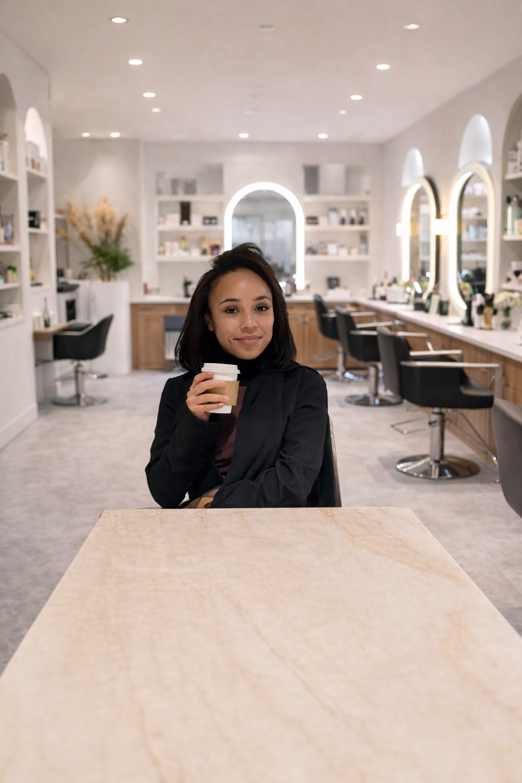 Woman sitting at a table in a modern, well-lit salon or store, holding a coffee cup and smiling at the camera.